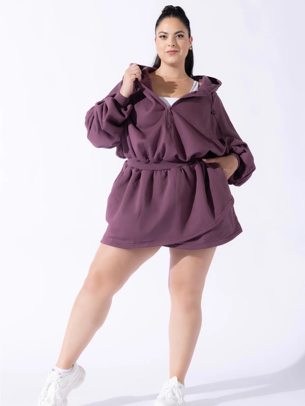 POPFLEX game day Oversized Plum Half-Zip Hoodie Dress - Picture 1 of 9
